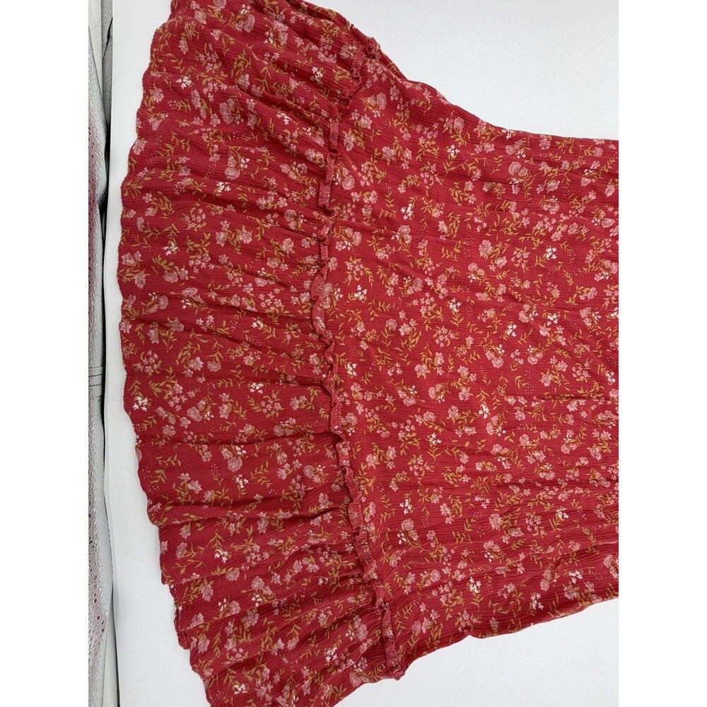 Boho Red Floral Mini Dress L Cottagecore Flutter Sleeve Peasant Ruffle Prairie - Picture 2 of 8